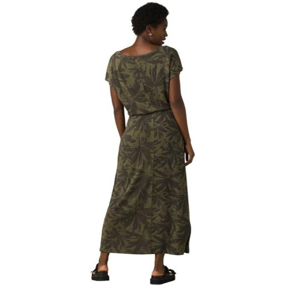prAna Cozy Up Skyland Dress Maxi Drop Waist Boat Neck Cargo Palms Olive Green M - Picture 2 of 7
